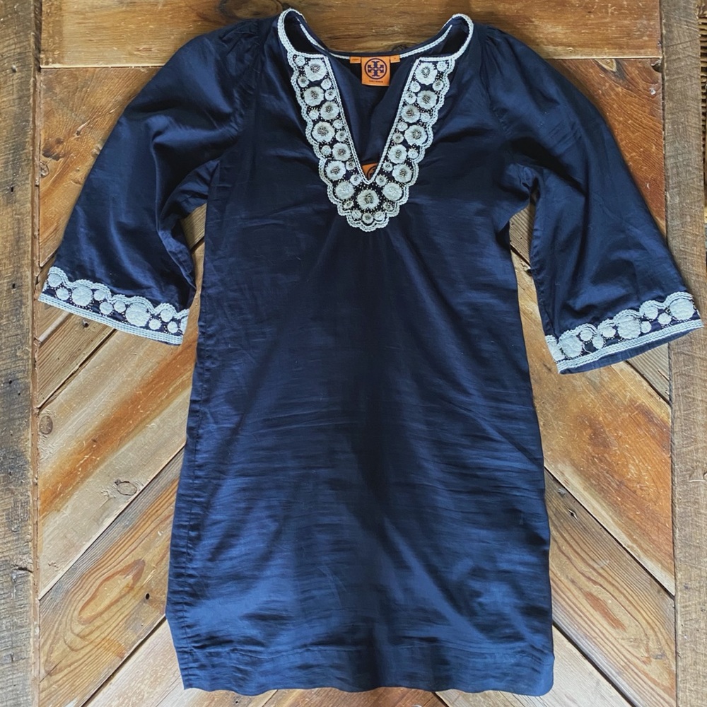 Tory Burch Navy Embroidered Dress Small